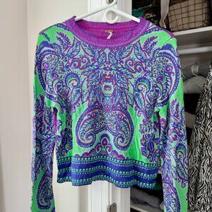 Free People Purple and Green Paisley Striped Sweater